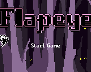 Screenshot from the game 'Flapeye'. There is a start game button on a purple forest background