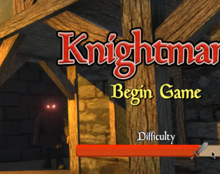 Screenshot from the game 'Knightmares'. There is a house, and a knight with glowing red eyes in the background